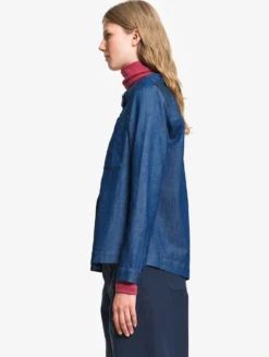 Blouse col mao en coton effet denim - Bleu