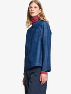 Blouse col mao en coton effet denim - Bleu