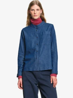 Blouse col mao en coton effet denim - Bleu