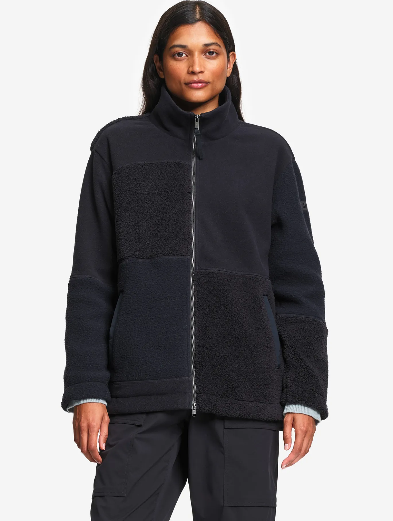 Blouson zippé en sherpa patchwork - Noir