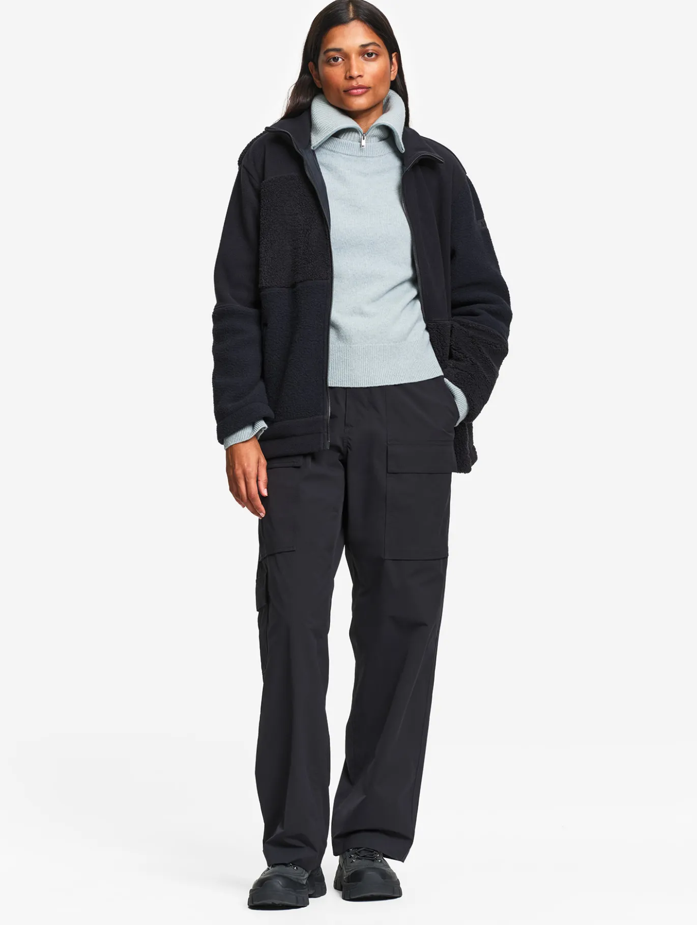 Blouson zippé en sherpa patchwork - Noir