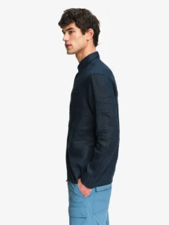 Chemise en lin à manches longues avec poche - Bleu