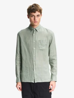 Chemise en lin à manches longues avec poche - Kaki