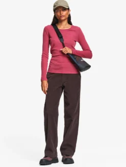 Pantalon taille haute regular en velours côtelé - Marron