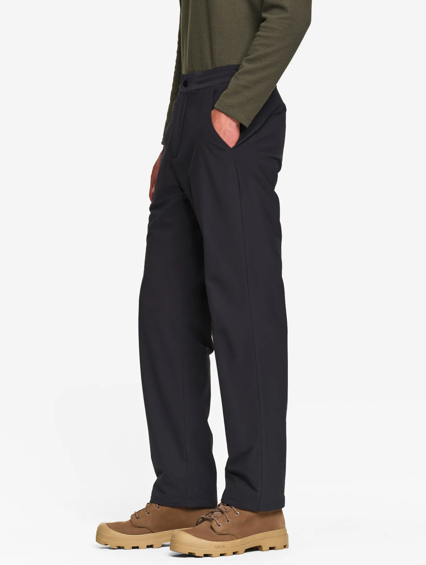 Pantalon taille mi-haute en twill stretch doublure polaire - Noir