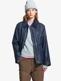 Parka courte cirée à col velours - Bleu