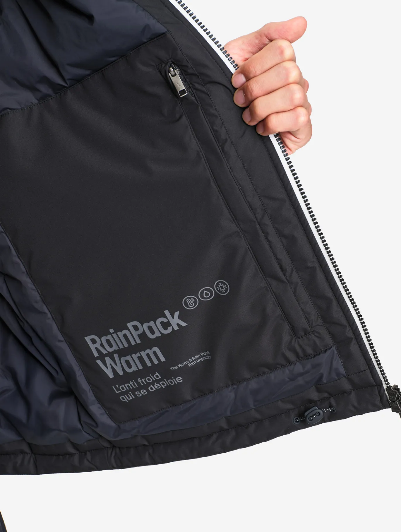 Parka Rainpack™ Warm 70 matelassée : coupe-vent mixte court imperméable MTD™ et pliable - Noir