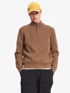 Pull à col camioneur en laine côtelée mélangée - Marron