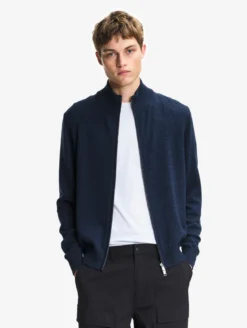 Pull en coton et laine avec fermeture éclair - Bleu