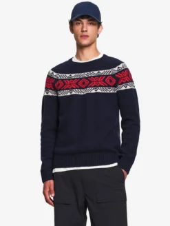 Pull jacquard laine mérinos mélangée - Bleu