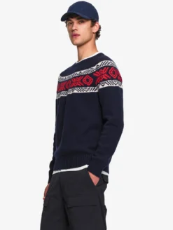 Pull jacquard laine mérinos mélangée - Bleu