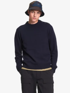 Pull marin à col rond et boutonnage épaule - Bleu