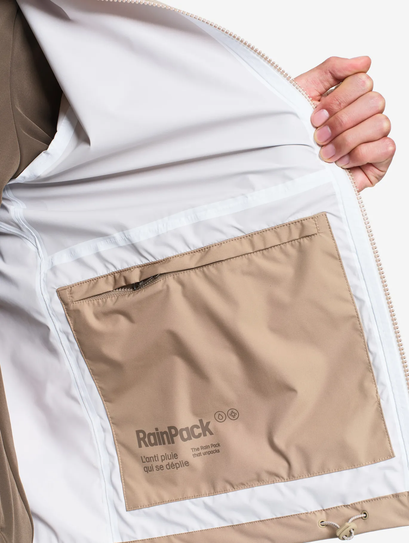 Rainpack™ 70 : coupe-vent mixte imperméable MTD™, court et pliable - Beige