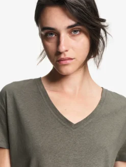 T-shirt en coton et lin à col V - Kaki