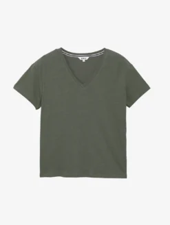 T-shirt en coton et lin à col V - Kaki