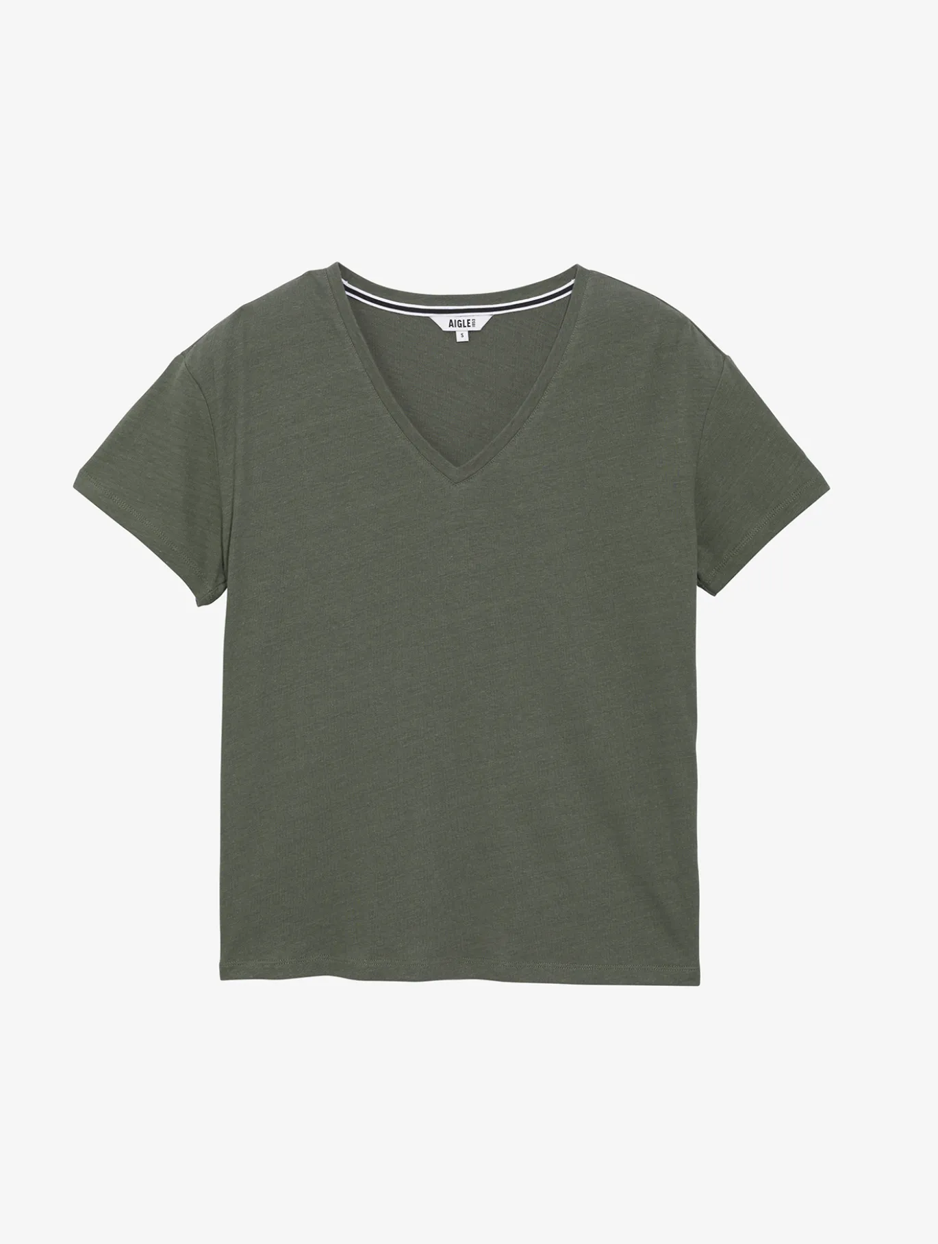 T-shirt en coton et lin à col V - Kaki