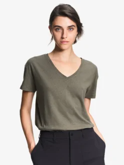 T-shirt en coton et lin à col V - Kaki