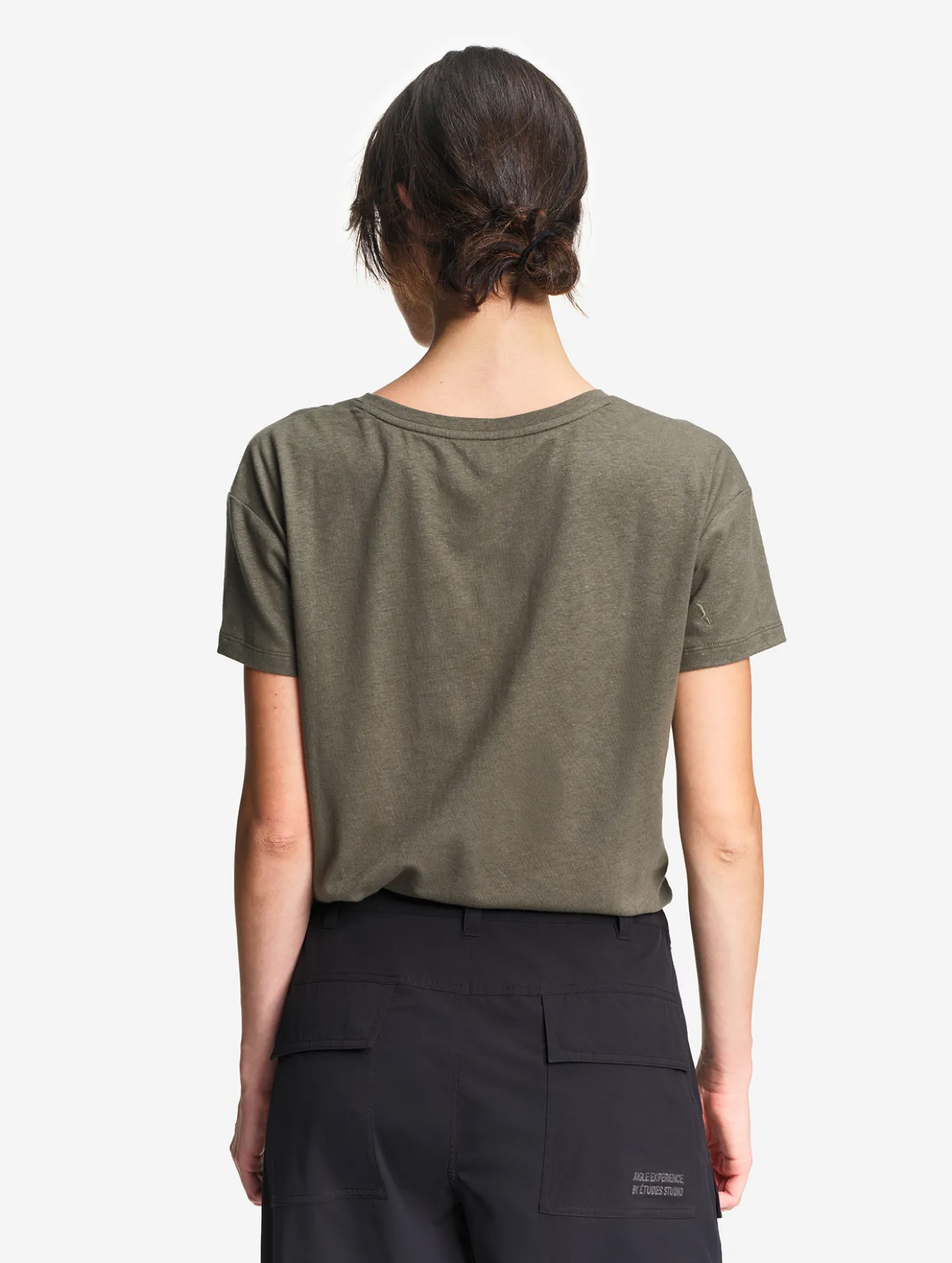 T-shirt en coton et lin à col V - Kaki