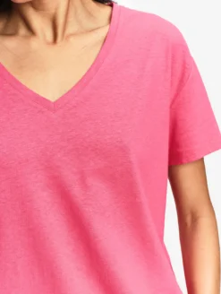 T-shirt en coton et lin à col V - Rose