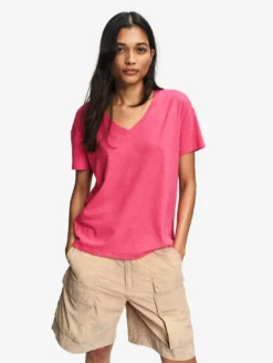 T-shirt en coton et lin à col V - Rose