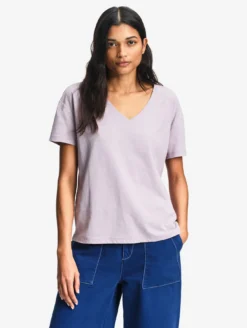 T-shirt en coton et lin à col V - Violet