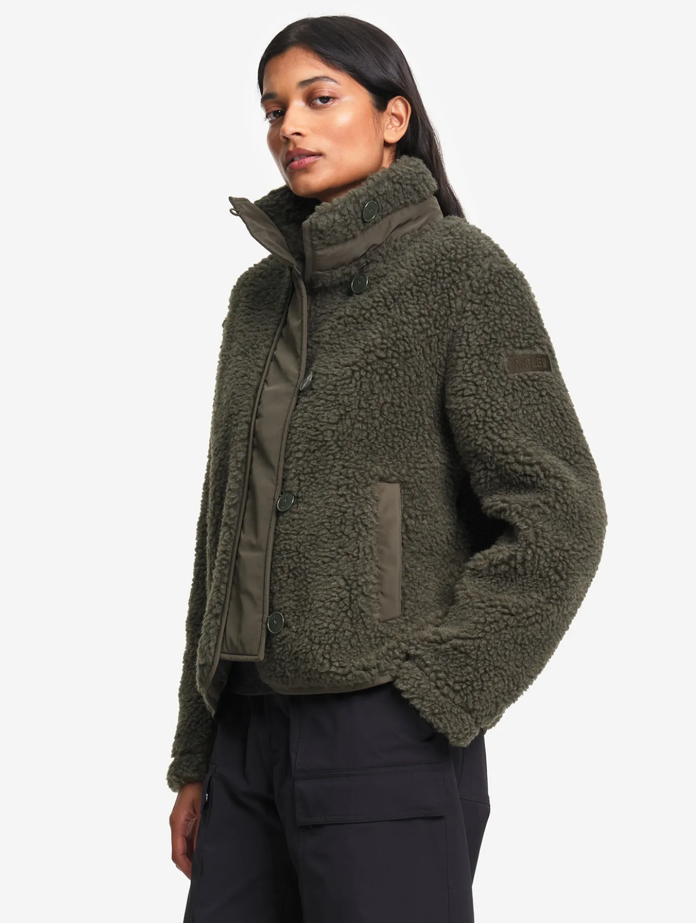 Veste boutonnée en sherpa en laine mélangée - Kaki