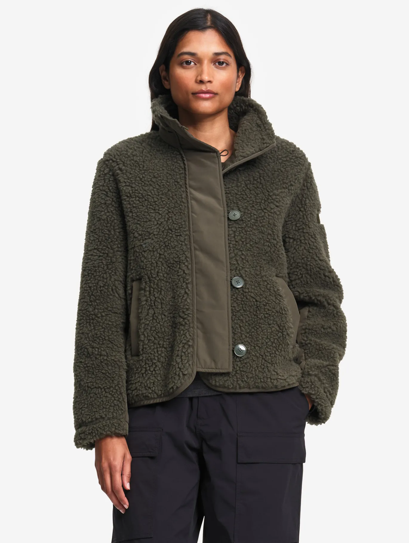 Veste boutonnée en sherpa en laine mélangée - Kaki
