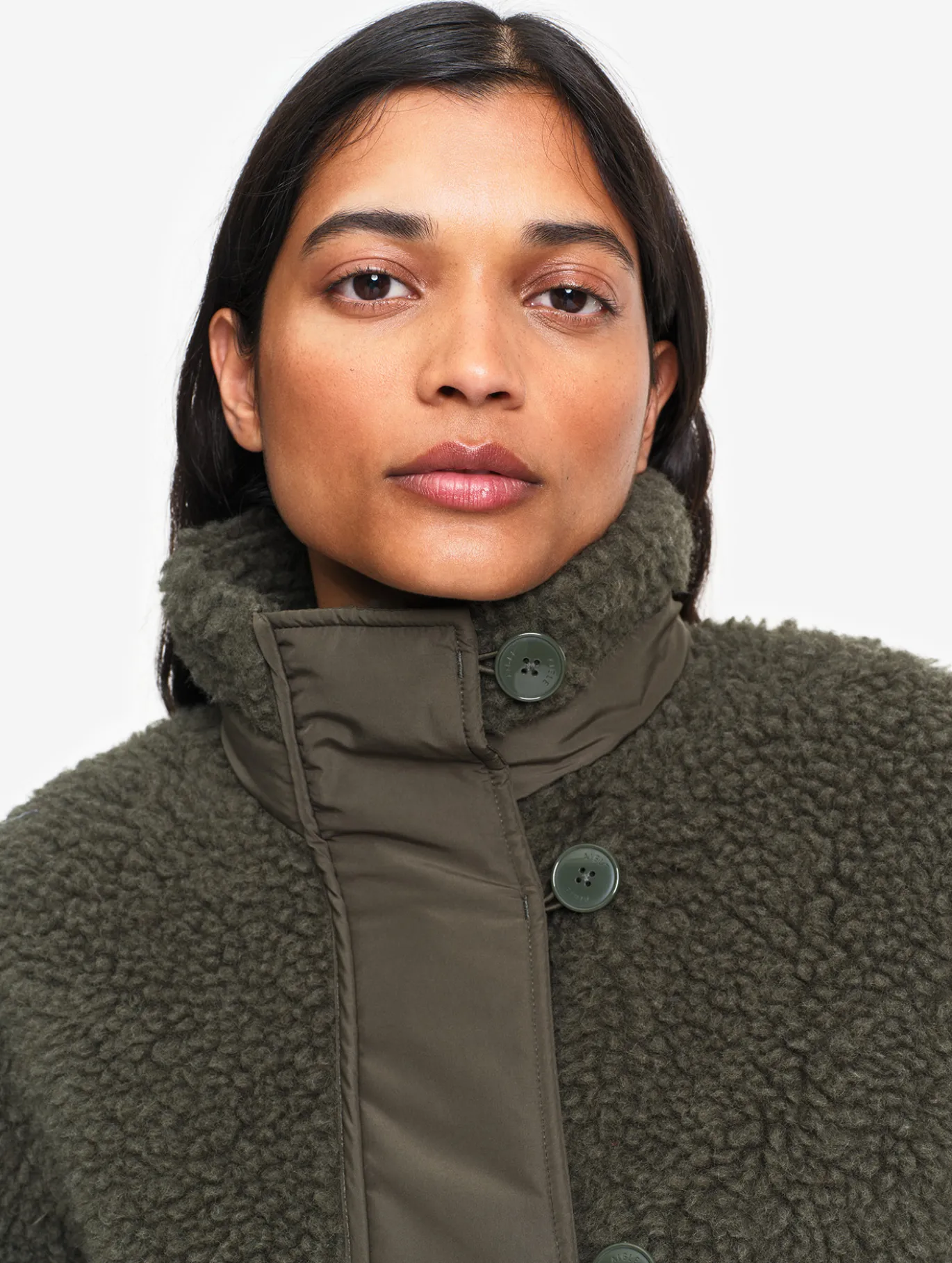 Veste boutonnée en sherpa en laine mélangée - Kaki